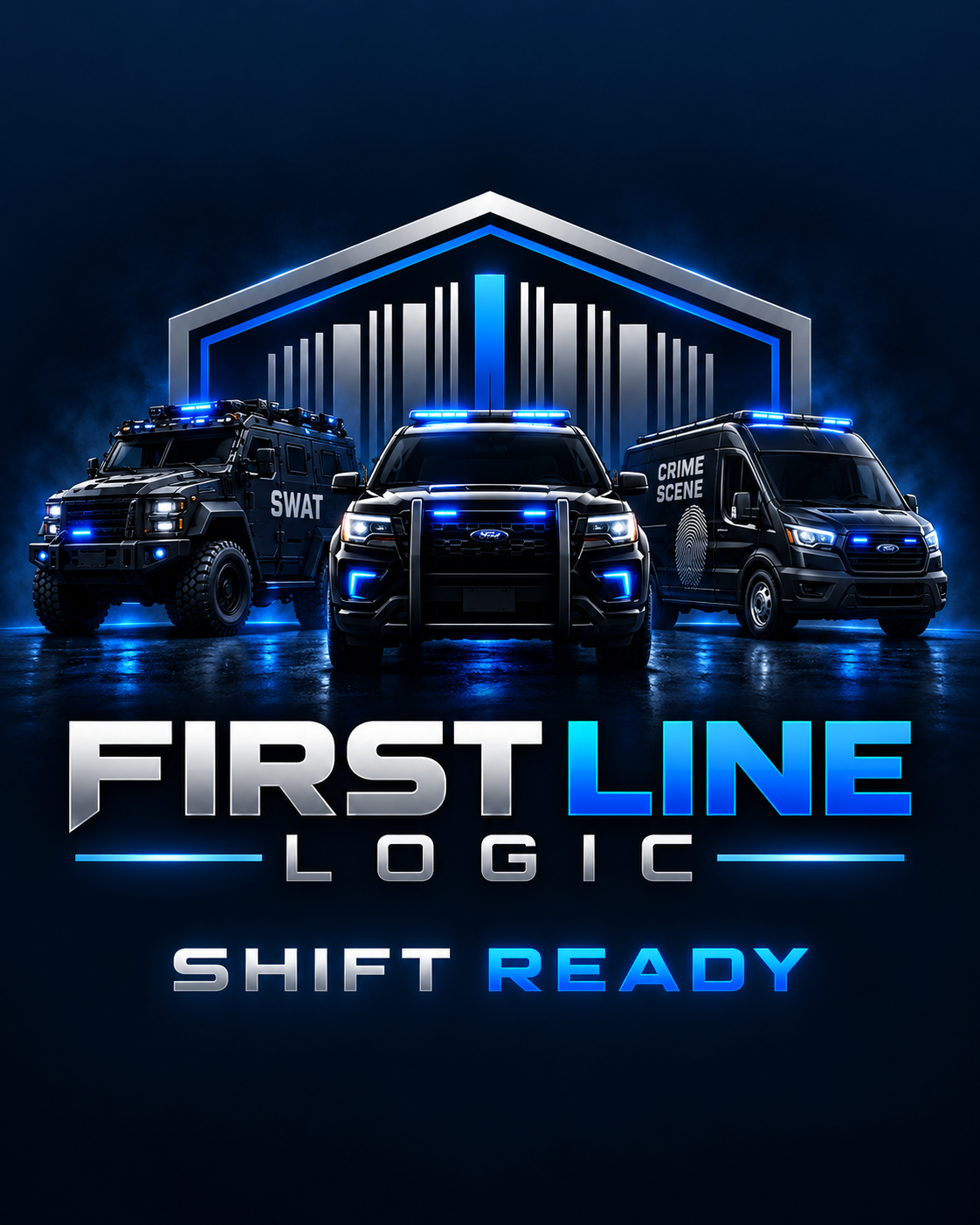 First Line Logic and Shift Ready artwork with SWAT vehicle, patrol car, and crime scene van