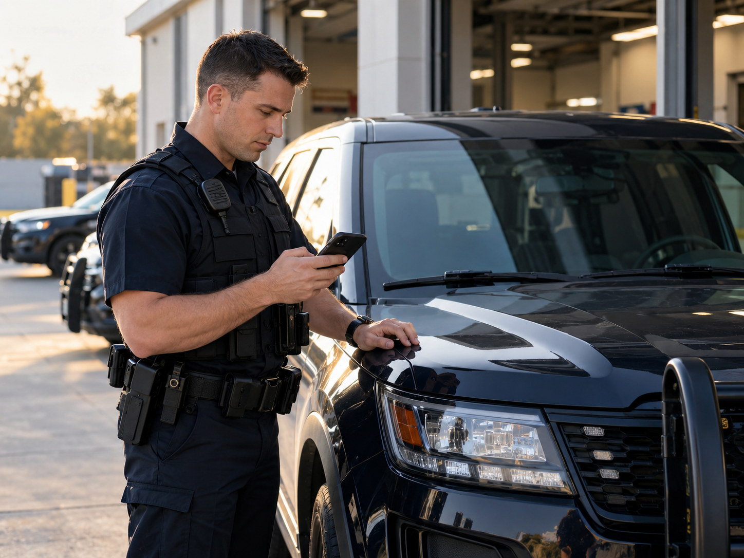 Illustration of a patrol officer using a phone beside a vehicle during checkout